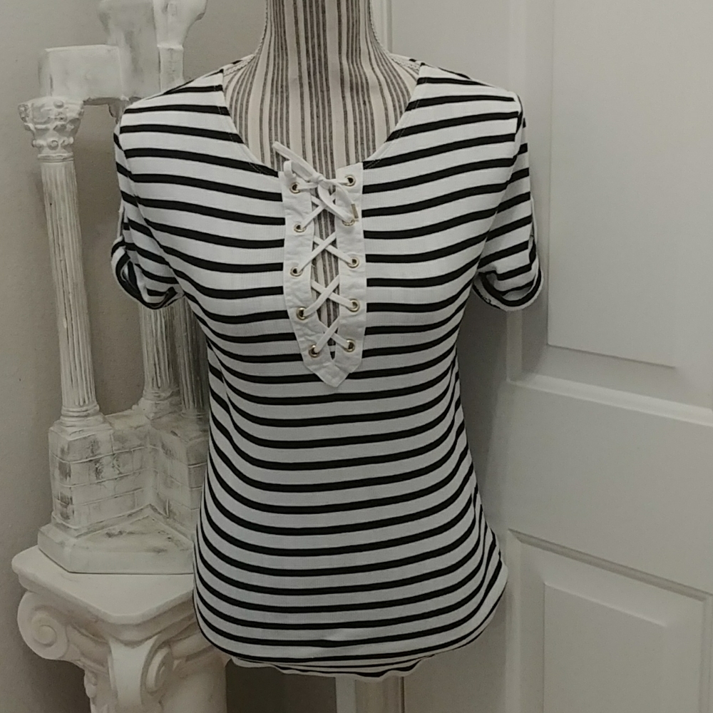Lauren Ralph Lauren Striped Ribbed Lace up Top